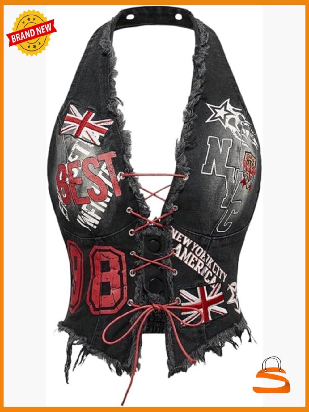 Open Back Denim Halter Crop Top Lace Up Frayed Y2k Jean Tank